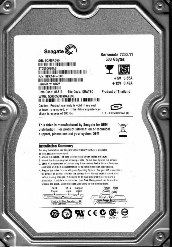 ST3500620AS Seagate Barracuda 7200.11 500GB Internal 7200 RPM Sata 3.5" HP21 - Image 1 of 1
