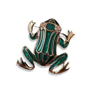 Vintage Signed Trifari TM Green enamel Frog Brooch Pin Crystal Eyes - Picture 1 of 6