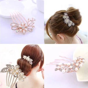 US Lady Bride Comb Clip Floral Head Piece Crystal Chinese Style Flower Hair Pins - Picture 1 of 13