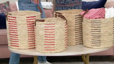 Home Reflections Set of 2 Woven Baskets w Faux Leather Handles Cover