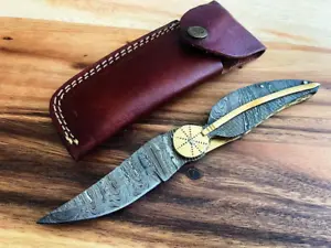 8.25″ High Quality Hand Forged Damascus Steel Feather Style Folding Knife Manual - Picture 1 of 7