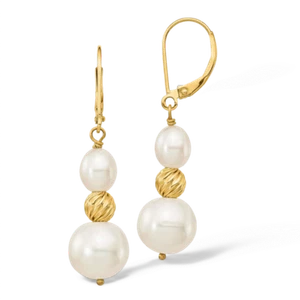 14K Solid Two Tone Gold Round Rice Freshwater Cultured Pearland Beaded Dangle... - Picture 1 of 11