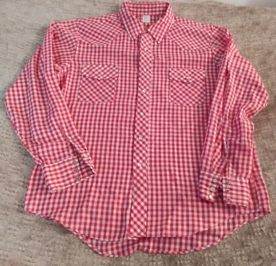 Malco Modes Mens 17.5 35 Red Checker Rodeo Western Pearl Snap Shirt  Made in USA - Image 1 of 4