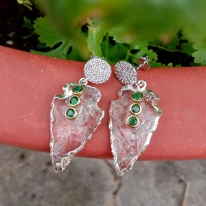 Crystal Quartz Rough Arrow Head Shape Cz Pave Drop Stud Earrings Metal Plated - Picture 1 of 6