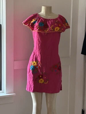 Vtg Mexican Cotton Pink Hand Embroidered  Yarn Floral Tunic Mini Dress Size S - Image 1 of 4