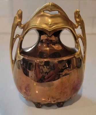 Art Deco Vase Brown Irridescent  With Gold Top And Handles Vintage - Image 1 of 4