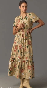 Anthropologie The Somerset Maxi Dress Smock Tiered Floral Khaki Motif S NWT - Picture 1 of 8