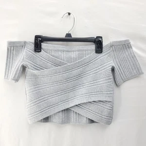 Aerie Cross Front Sweater Size M Gray Short Sleeve Cropped Top Ribbed Knit - Picture 1 of 6