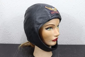 Harley Davidson Vintage Nero Pelle Aviatore Teschio Cappellino XL Cinturino Wolf Trax - Foto 1 di 4