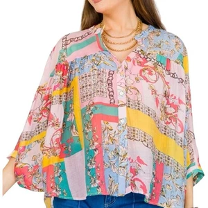 ENTRO patchwork print oversized button up blouse top batwing sleeves Large NWT - Picture 1 of 10