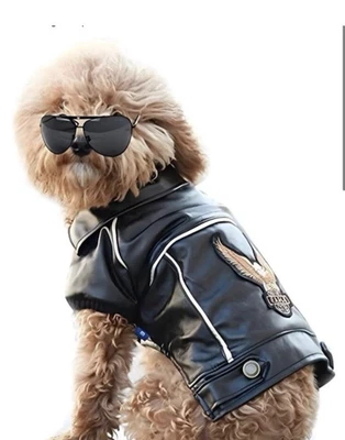 Dog Clothes Biker Style Jacket & Goggles Leather Look Motorcycle Harley Clothes - Image 1 of 4