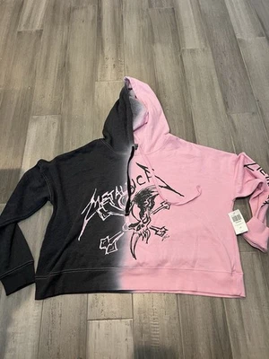 Metallica Jagged Skull Split-Dye Crop Top Hoodie Women’s Large New Black/Pink - Image 1 of 4