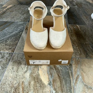J.Crew Espadrille Wedges Größe 7,5 beige gold Knöchelriemen Baumwolle Sandalen neu im Karton - Bild 1 von 6