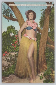 Linen Postcard Florida Land of Sunshine and Flowers Woman in Grass Skirt Pinup - Picture 1 of 2
