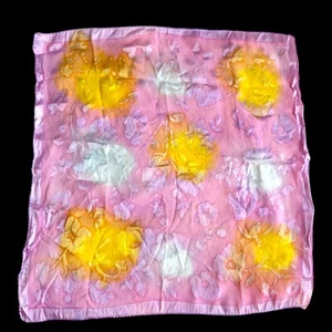 Vintage Sheer Pink Floral Silk Scarf Yellow Roses  Hand Rolled Edges Textured  - Picture 1 of 13