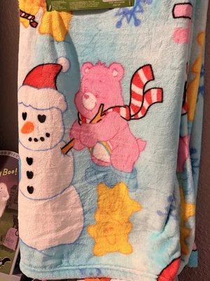 Care Bears Christmas Blanket Throw BLUE 50 IN x 70 In VIRAL NWT Snowman Holiday - Image 1 of 3