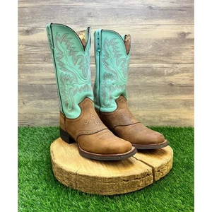 Justin Women - Size 9B - Brown / Turquoise Square Toe Boots L4853 - Picture 1 of 11