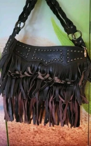 RARE Vintage Betsey Johnson Bag Shoulder Hobo Brown Leather Fringe Binge Studded - Picture 1 of 13