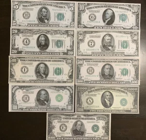 Riproduzione 1928 Federal Reserve Banconote Set $5 -$10.000 Leggi Descrizione Sotto!! - Foto 1 di 14