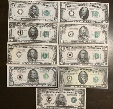 Reproduction 1928 Federal Reserve Note Set $5 -$10,000 Complete Set 9 Notes Cover