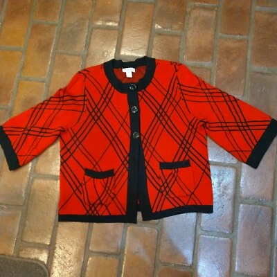 Cárdigan suéter geométrico Hampshire Studio para damas rojo/negro usado en excelente estado Petite PL Foto 1 de 4