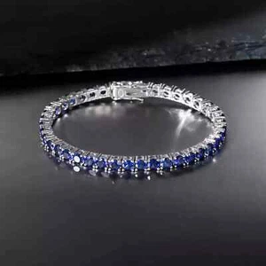 4MM Round Lab-Created Blue Sapphire Tennis Bracelet 7.5" 14K White Gold Plated - Picture 1 of 6