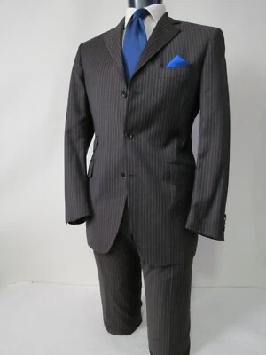 Etro Milano Italy charcoal brown bold Capone chalk stripe full suit 42 R - Image 1 of 4