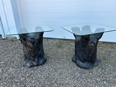 Two (2) vintage faux bois Tree Trunk End Tables Glass Top MCM - Image 1 of 4