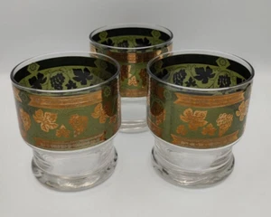 Set of 3 Vintage Mid Century Cora Green Golden Grapes Rocks Whiskey Glasses - Picture 1 of 10