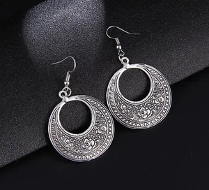Antique Silver Finish Engraved Boho Ethnic Dangle Earrings R - Picture 1 of 5