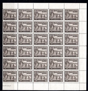 Turks Caicos Is 1945 sg 201a 6d sepia complete sheet of 60 superb UM - Picture 1 of 2