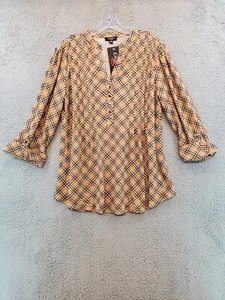 Cocomo Womens Brown Designer Like Plaid Print Tunic Blouse 3/4 Sleeve Size 1X - Picture 1 of 18