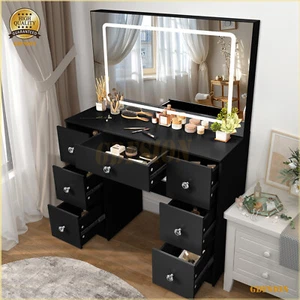 Large Smart LED Mirror Vanity Table Black Makeup Dressing Desk And 7 Drawers Set - Picture 1 of 8