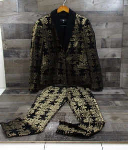 7 For All Mankind Jacquard Blazer Pant Suit Womens Large Black Gold Velvet Set - Picture 1 of 22