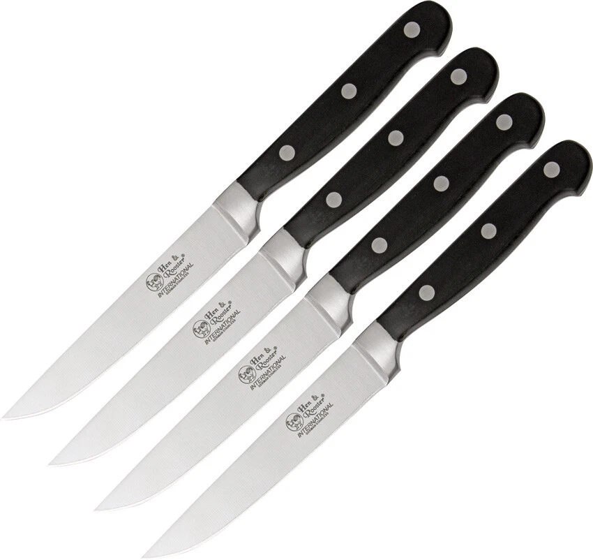 Hen & Rooster and 4 Black Synthetic Kitchen Knife I008 Knives Set
