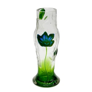 Moser Intarsien und Intaglio Kunstglas Vase blau grün Blumen - Bild 1 von 9