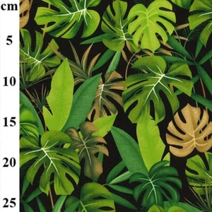 Cotton Fabric - Green Tropical Palm Leaf on Black - Craft Fabric Material Metre - Picture 1 of 5