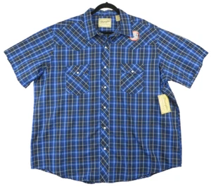 NWT Wrangler Western Pearl Snap Shirt Short Sleeve Blue Plaid Men’s Size 2XL XXL - Picture 1 of 10