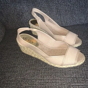 Lauren Ralph Lauren Catrin Slingback Wedge Heel Sandals Shoes Sz 8.5 Khaki Beige - Picture 1 of 7