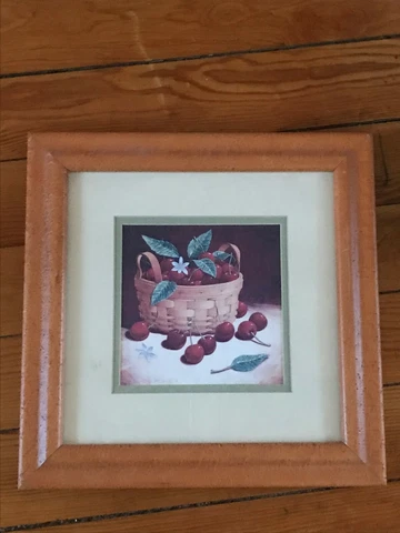 Estate Longaberger Print of Cherries in Basket Double Matted in Curley Maple Woo Cover