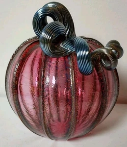 Zucca in vetro soffiato a mano 5" statuine da collezione vetro artistico rosa e grigio blu - Foto 1 di 9