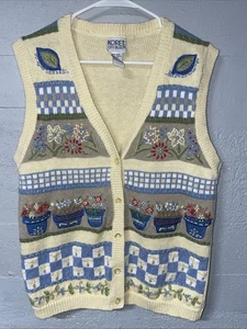 Koret Sweater Vest Floral Embroidered Granny Cottage Core Vintage Medium Yellow - Afbeelding 1 van 11