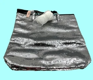Victorias Secret Silver Sequin Tote Bag With Black Handles - NWT - Picture 1 of 6