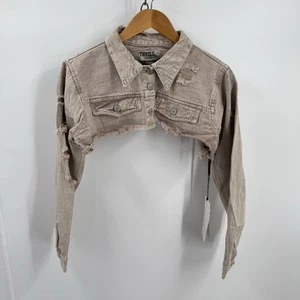Thrill Jeans Denim Ultra Crop Jacket Womens 2X Khaki Beige Distressed Grunge New - Picture 1 of 8