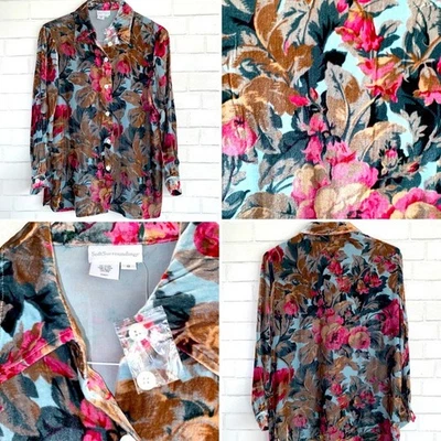 Camisa Soft Surroundings $119 Floral Mezcla Seda Terciopelo Abotonada S Nueva Sin Etiquetas Foto 1 de 4