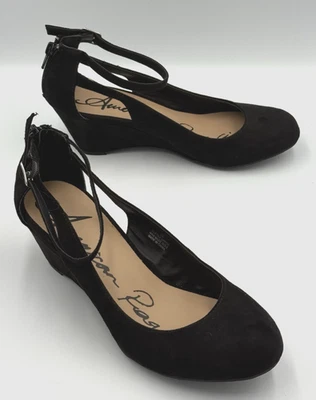 American Rag Cie Black Suede Wedge Heels Women's 9W Ankle Strap Round Toe - Image 1 of 4