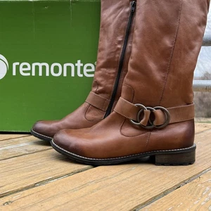 REMONTE Tall Leather Boots Brown, Lining, Zipper, Elastic w/ Box Sz US 8.5 EU 40 - Picture 1 of 13