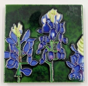 Handbemalte Keramikfliese Kunst blaue Glocken signiert von Ping 4” x 4” - Bild 1 von 7