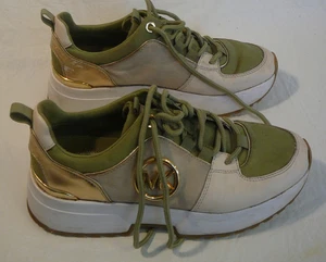 Michael Kors Women's 8M Olive Green Gold White GUC Mesh Low Top Sneakers LS22F - Picture 1 of 12