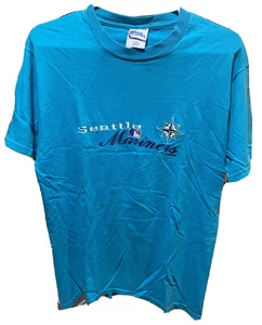 Mens Vintage Aqua Blue Team MLB SEATTLE MARINERS LOgo T Shirt sz M Made USA Pro - Picture 1 of 12